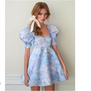 Selkie Pastel Blue and Pink Puff-Sleeve Mini Dress